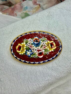 Vintage Micro Mosaic Floral Oval Brooch in Red, Yellow, Blue
